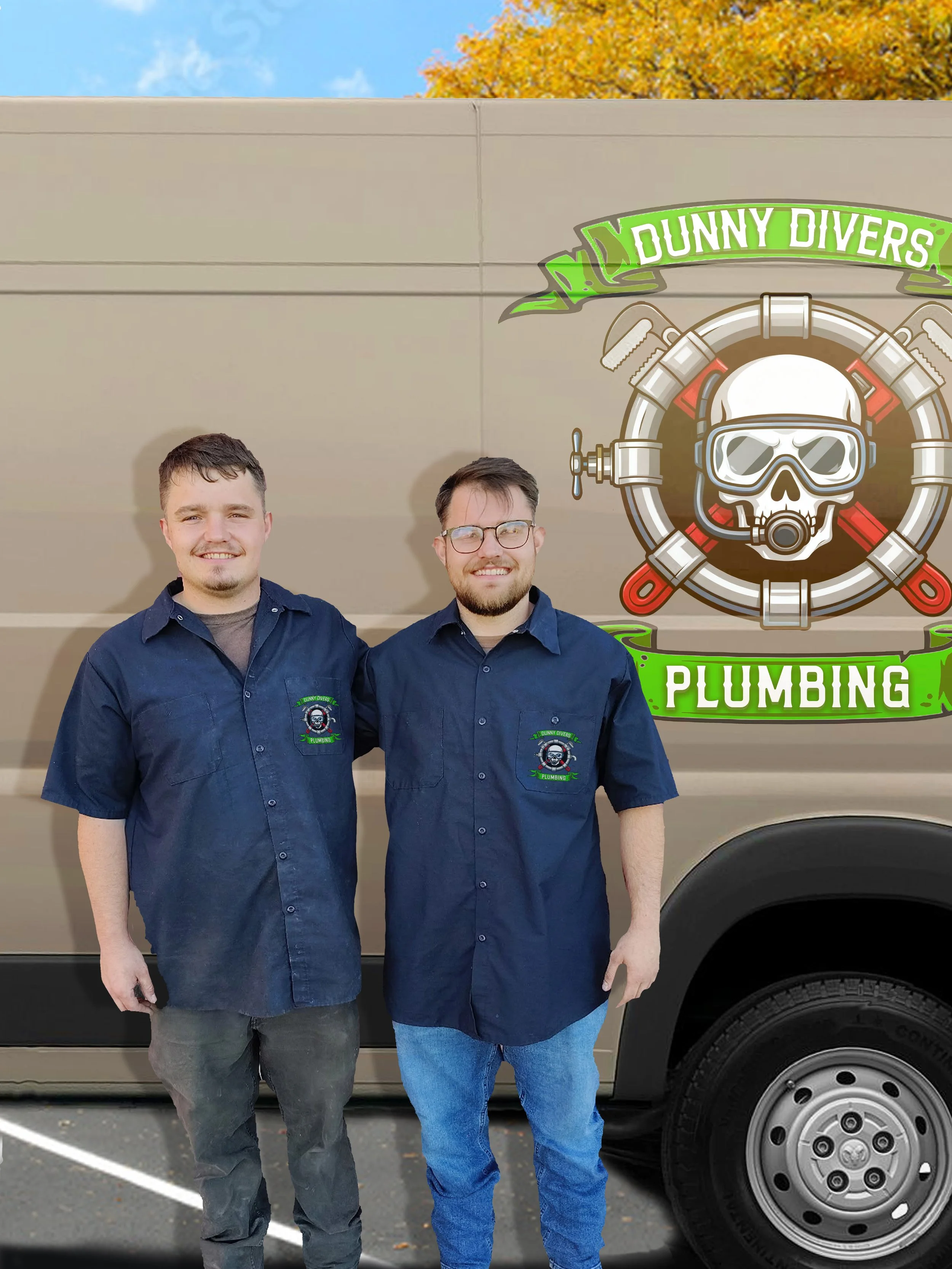 Two men standing in front of a grey van with a logo that reads 'D. Dunny Divers Plumbing.' They are both wearing navy blue shirts with the same logo on the pocket. One has short dark hair, a goatee, and is smiling; the other has glasses, a beard, and is also smiling. The background includes a tree with autumn-colored leaves.