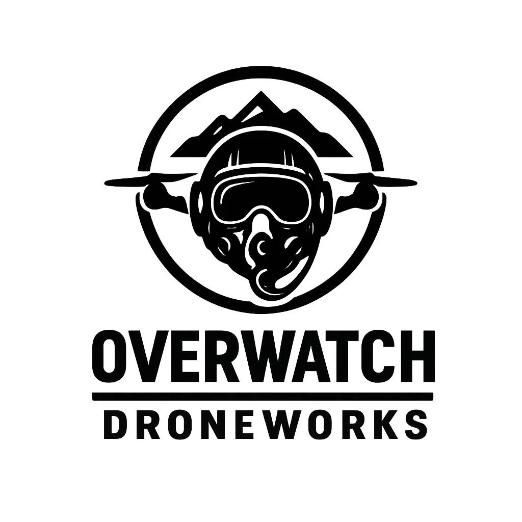 Black and white logo featuring a drone pilot's helmet with a mountaintop in the background, encircled by a ring, with the words "Overwatch Droneworks" beneath.