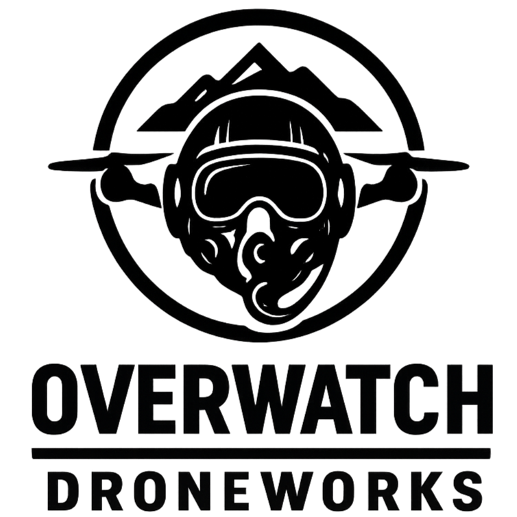 Logo for Overwatch Drone Works featuring a drone pilot helmet with goggles and a breathing mask in front of a circle, with mountain peaks in the background.