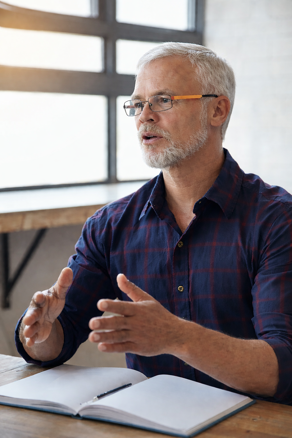 An older man with gray hair, beard, and glasses, wearing a plaid shirt, is sitting at a desk with an open notebook and pen, speaking or explaining something in a room with large windows.