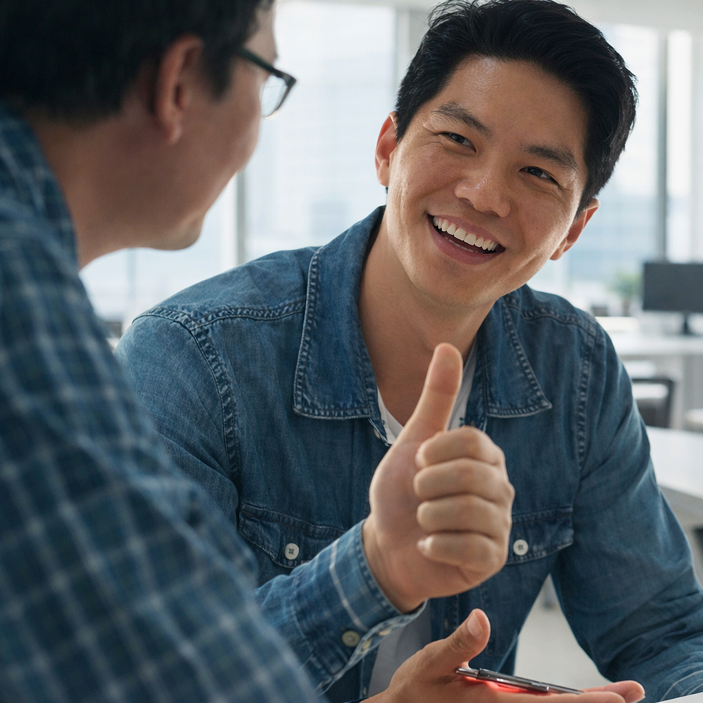 Two men are having a conversation in an office, one of them smiling and giving a thumbs-up gesture.