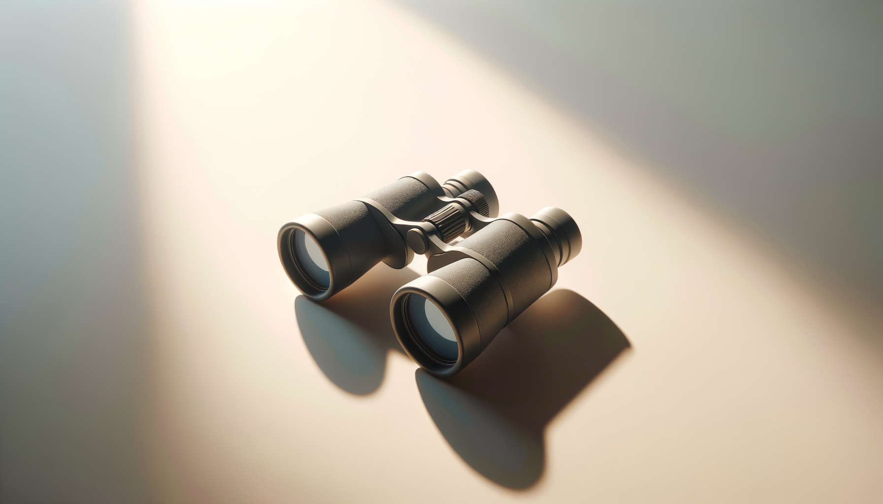 Black binoculars resting on a surface with sunlight casting shadows.