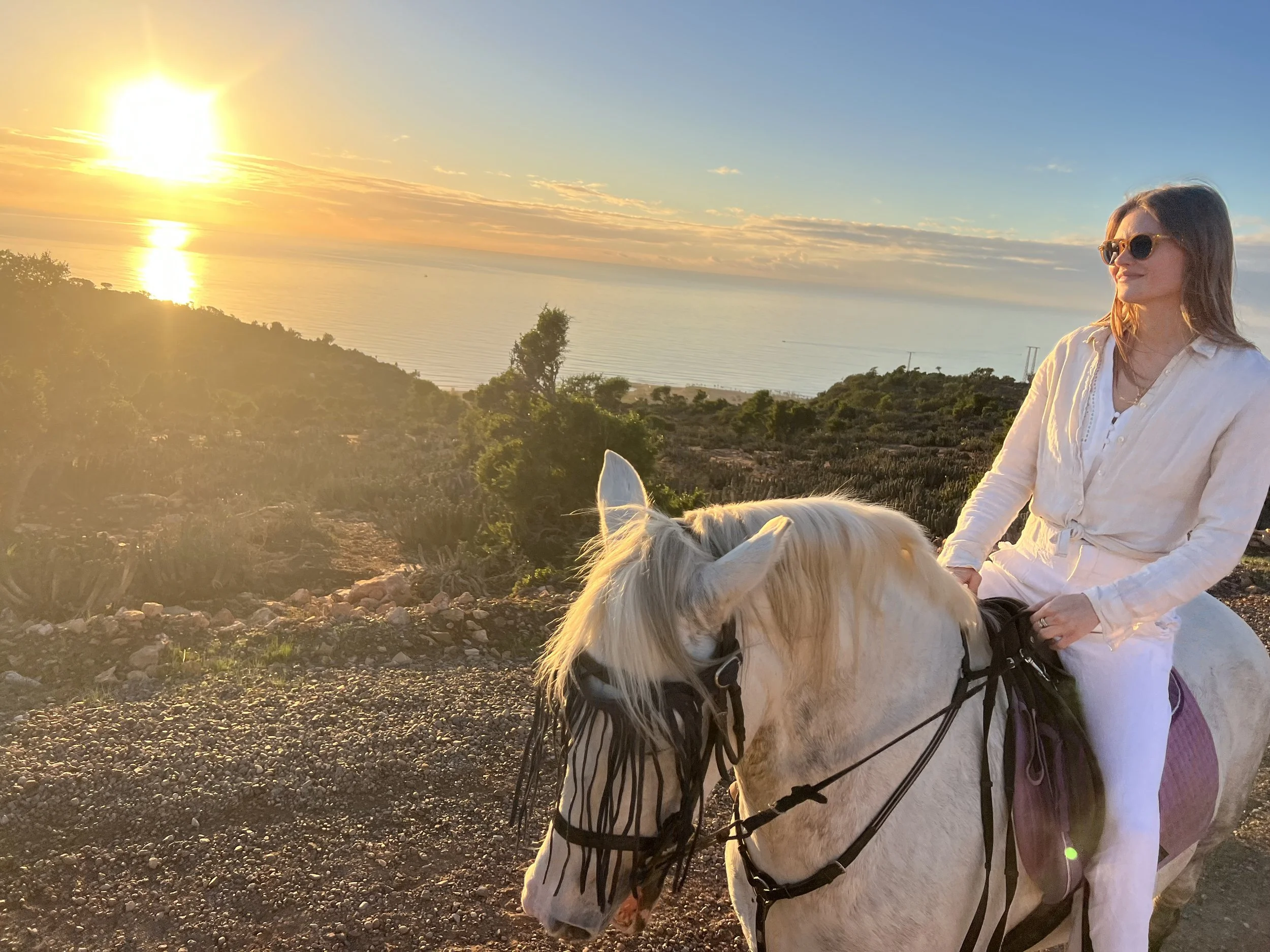 A woman with sunglasses and a white outfit sitting on a white horse with a purple saddle, overlooking a sunset over the ocean with a coastal landscape.