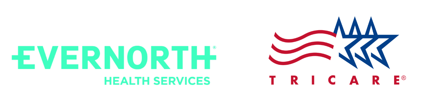 Evernorth Health Services logo next to Tricare logo with red and blue wave and star design.