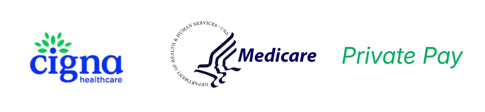 Logos of Cigna Healthcare, Medicare, and Private Pay
