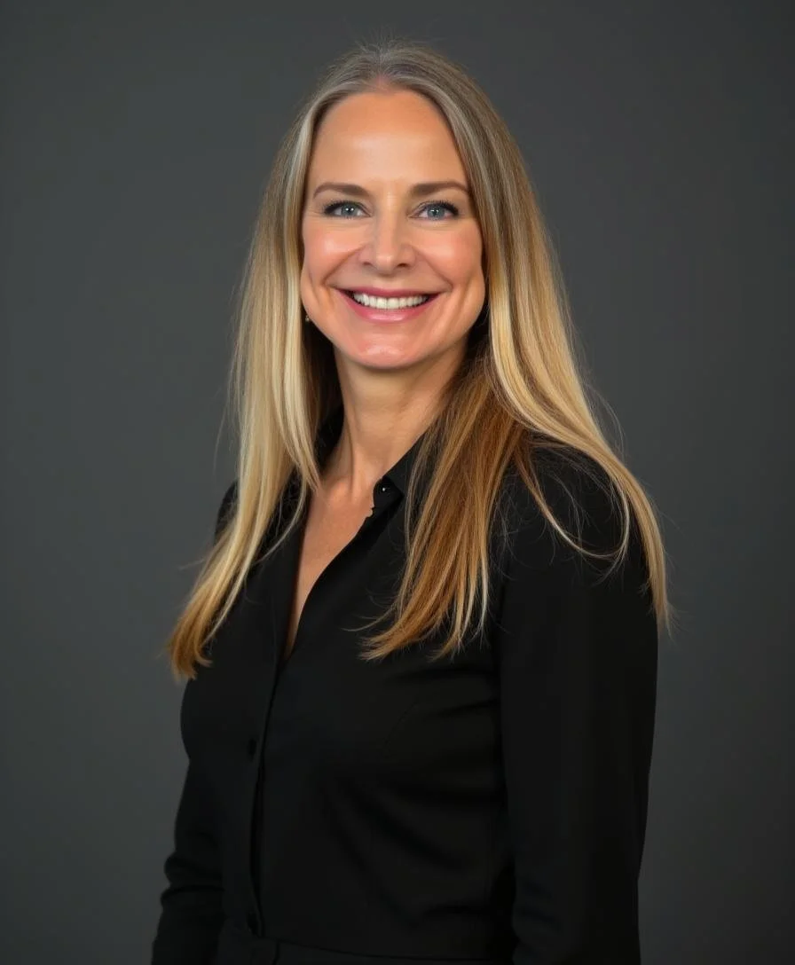 A woman with long blonde hair, blue eyes, and a bright smile, wearing a black shirt, standing against a dark gray background.