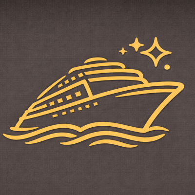 Gold outline illustration of a cruise ship with sparkling stars on a dark background.