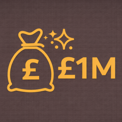 A graphic of a money bag with a pound sign, a large '£1M' text, and sparkles on a brown background.