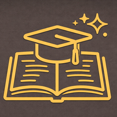 Icon of an open book with a graduation cap on top and sparkles around, symbolizing education or learning.