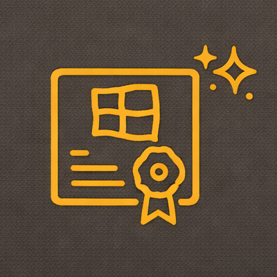 Orange icon of a certificate or diploma with a Windows logo and a ribbon, on a dark background, with sparkling stars.