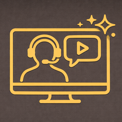Icon of a person wearing a headset on a computer screen, with a speech bubble containing a play button, surrounded by stars.