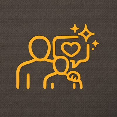 Line drawing of two people with a speech bubble containing a heart and sparkles, symbolizing love or affection.