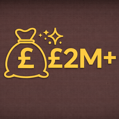 Stylized graphic of a money bag with a British pound symbol, followed by '£2M+' indicating over 2 million pounds, on a textured brown background.