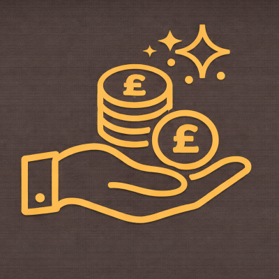 Illustration of a hand holding three stacks of coins with pound symbols and sparkling effects.
