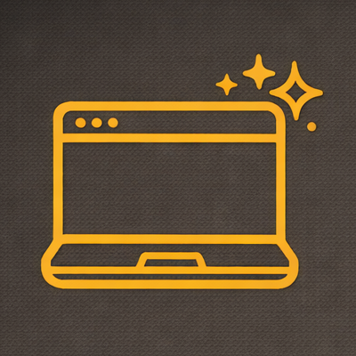 Stylized yellow outline of a computer window with sparkles, on a dark background.