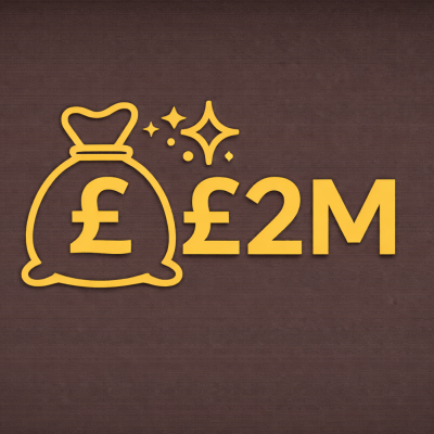 Gold illustration of a money bag with a pound symbol, followed by text displaying "£2M" on a dark background.