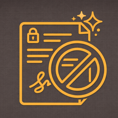 Icon with a document, a lock, a seal, and a prohibition sign indicating restricted or protected content.