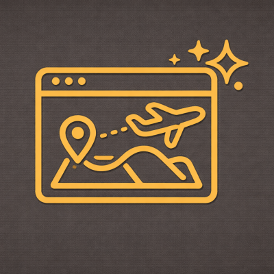 Travel planning webpage with airplane, map, and location pin icons, and sparkles.