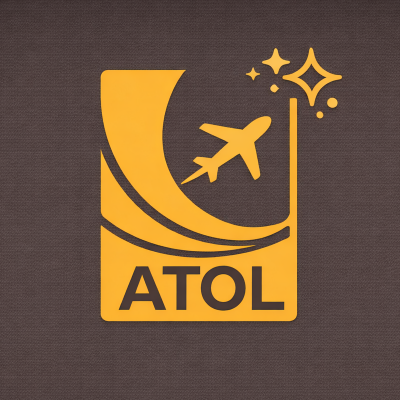 A yellow icon with a star, crescent moon, and an airplane, with the text ATOL beneath, on a dark background.