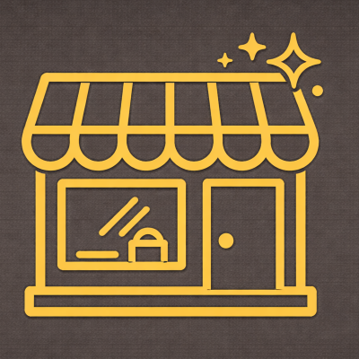 A minimalist yellow line drawing of a storefront with an awning, window, and door, on a dark background, with star-like sparkles above.