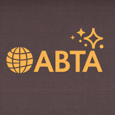 ABTA logo with a globe icon and decorative sparkling stars on a dark background