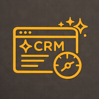 Illustration of a CRM application window with sparkles and a speedometer, symbolizing performance enhancement.