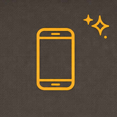 Golden illustration of a smartphone with sparkles on a dark background.