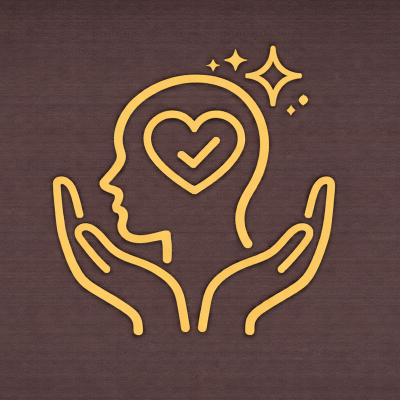 Outline of a human head with a heart inside and checkmark, held by two hands, with sparkles around, on a dark background.