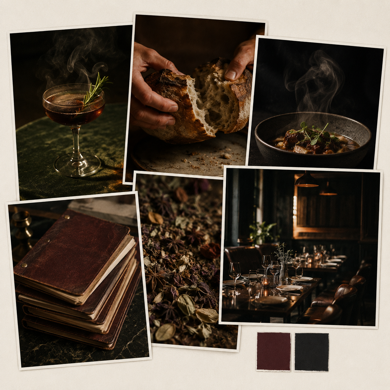 A collage of five photographs depicting a dark dining setting with a glass of red wine garnished with rosemary, a hand breaking a loaf of crusty bread, a steaming bowl of stew garnished with herbs, a close-up of a vintage leather-bound journal, and a dimly lit dining table set with glassware, plates, and candles, with color samples of burgundy and black.
