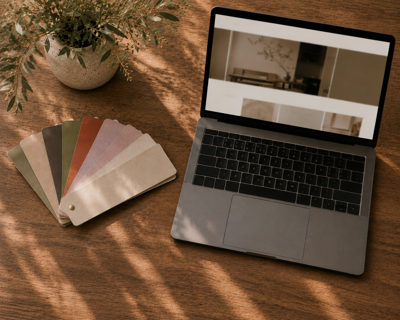 A laptop, paint color swatches, and a potted plant on a wooden table with sunlight and shadows.