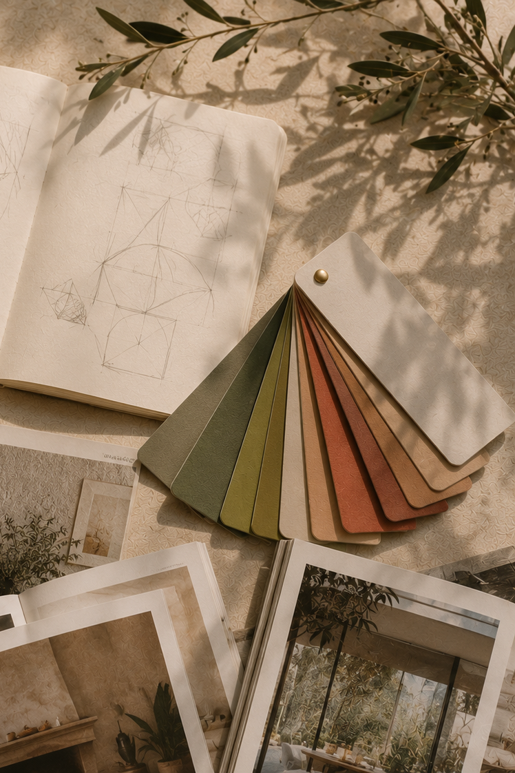 Open sketchbook with geometric drawings, color swatches fanned out, and interior design photos with plants and natural light.