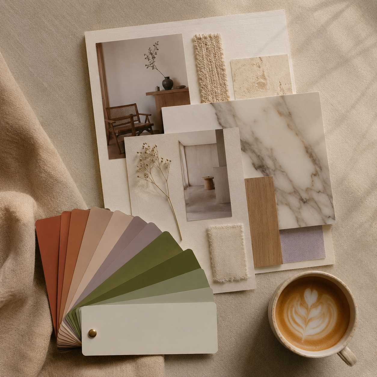 A collection of interior design material samples and photographs arranged on a neutral surface, including marble, fabric swatches, and color palettes, with a cup of latte featuring latte art.