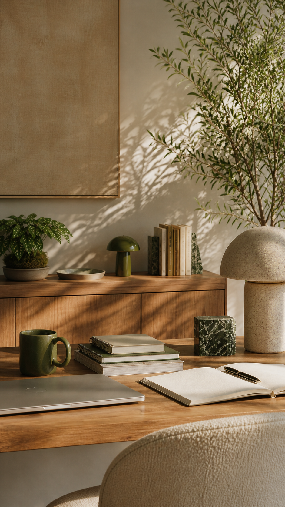 Wooden desk with a laptop, stacked notebooks, an open journal and a pen, a green mug, and various home decor items including plants and sculptures, in a warmly lit room.