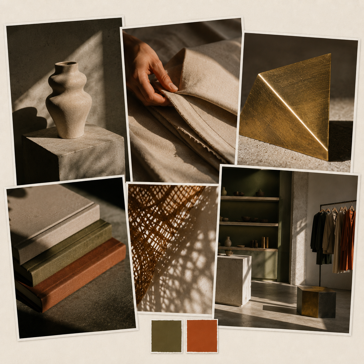 Collage of interior design elements including a beige ceramic vase, fabric swatches in neutral and earthy tones, a textured gold geometric sculpture, woven shadow play, a white marble countertop, and a clothing display with hanging garments in a minimalist space.