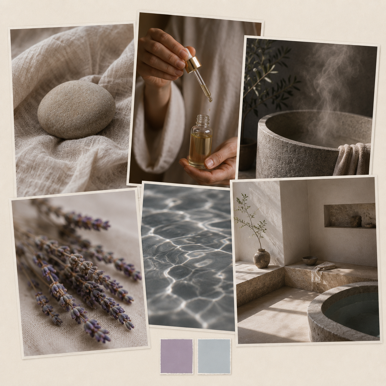Collage of soothing spa essentials including a smooth stone on linen, a dropper bottle of essential oil, misty stone vaporizer, lavender sprigs, water ripples, and a minimalist spa interior with potted plant and stone bathtub.