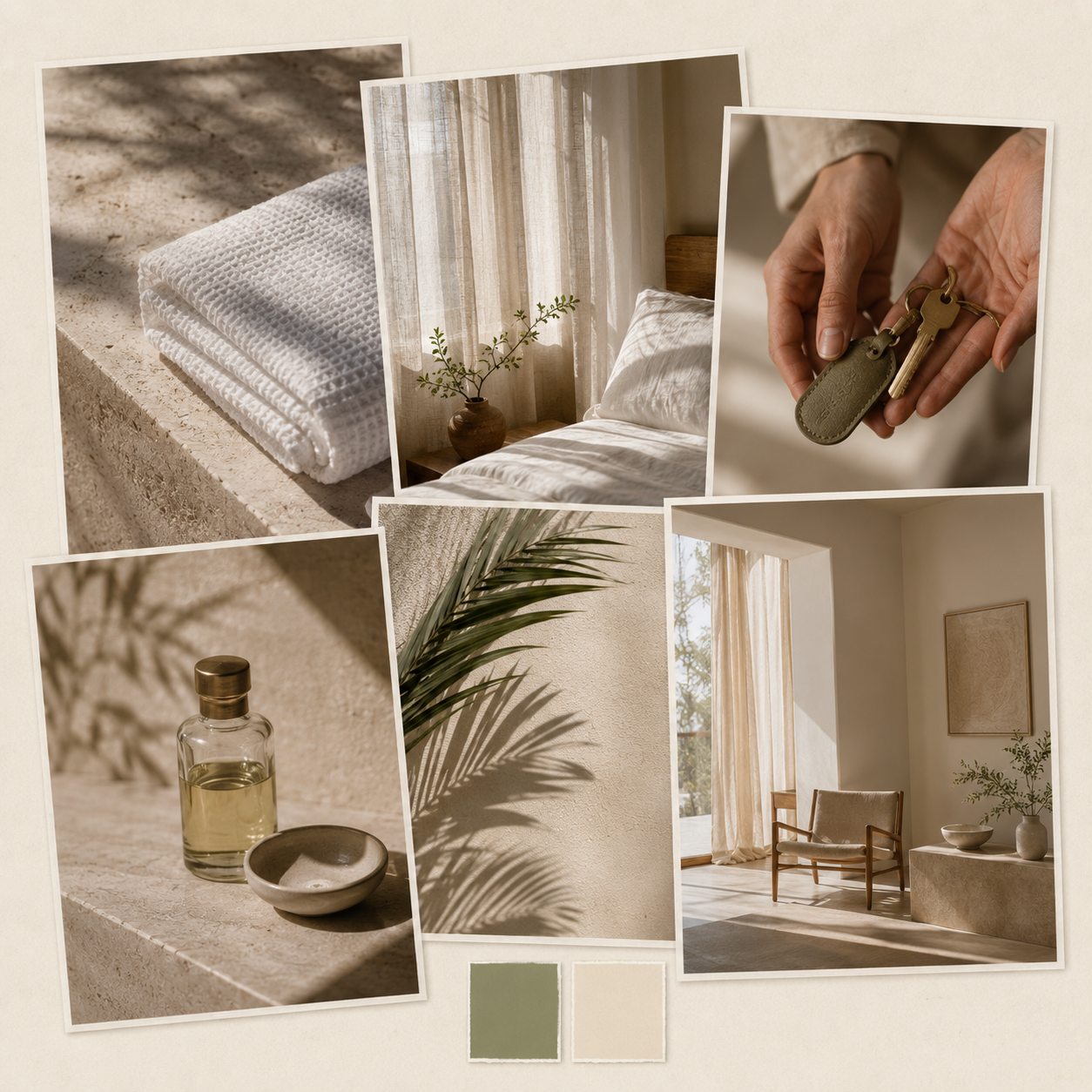 Collage of neutral-colored home decor items including a folded white towel, a bedroom with natural light, a hand holding keys, a vial and bowl, a potted plant with shadow, and a sitting area with a chair and side table.
