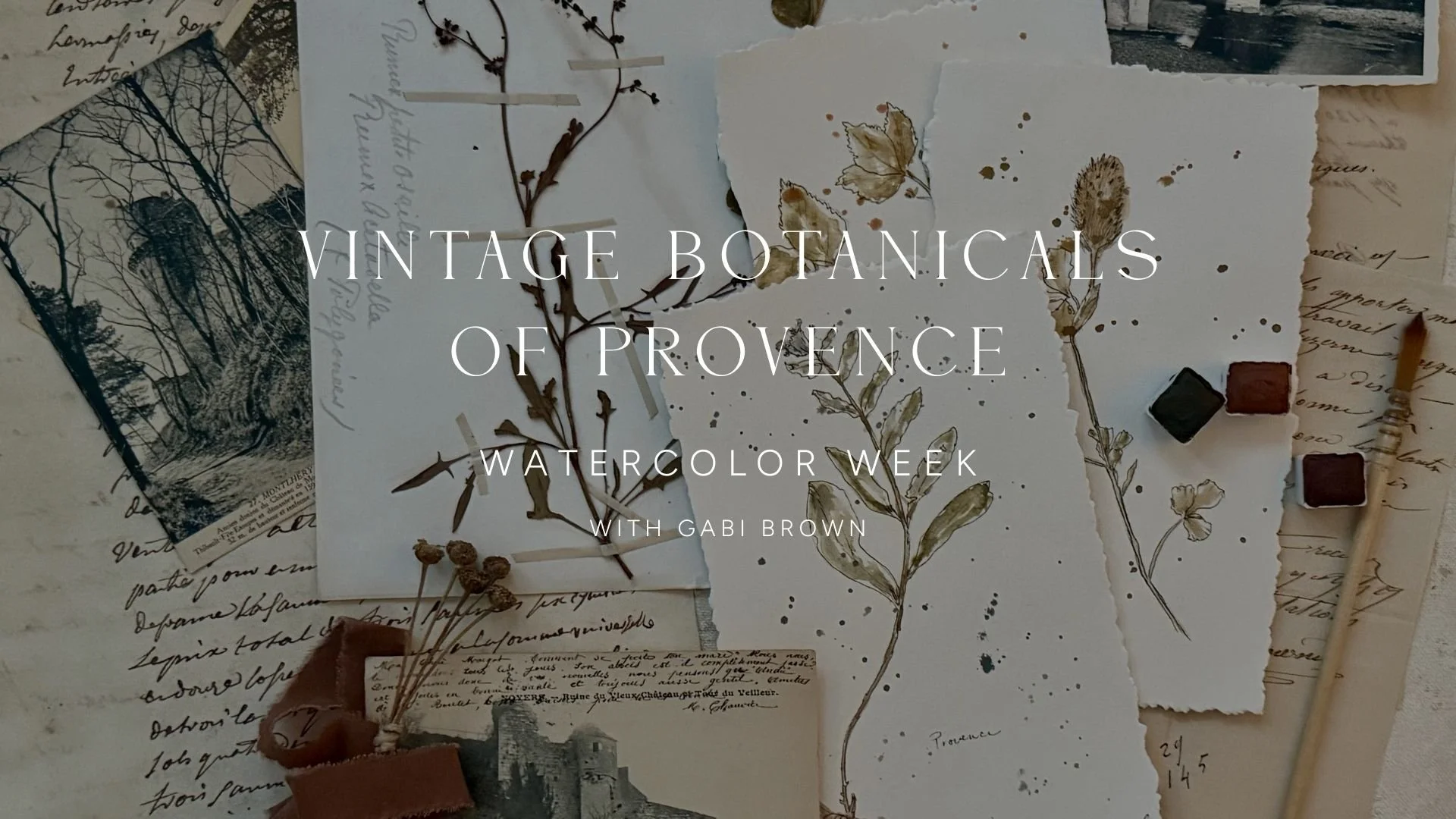 Various sheets of paper with vintage botanical sketches and handwritten notes, some botanical pressed flowers, ink and watercolor paint supplies, and a small fabric flower, all arranged artistically.