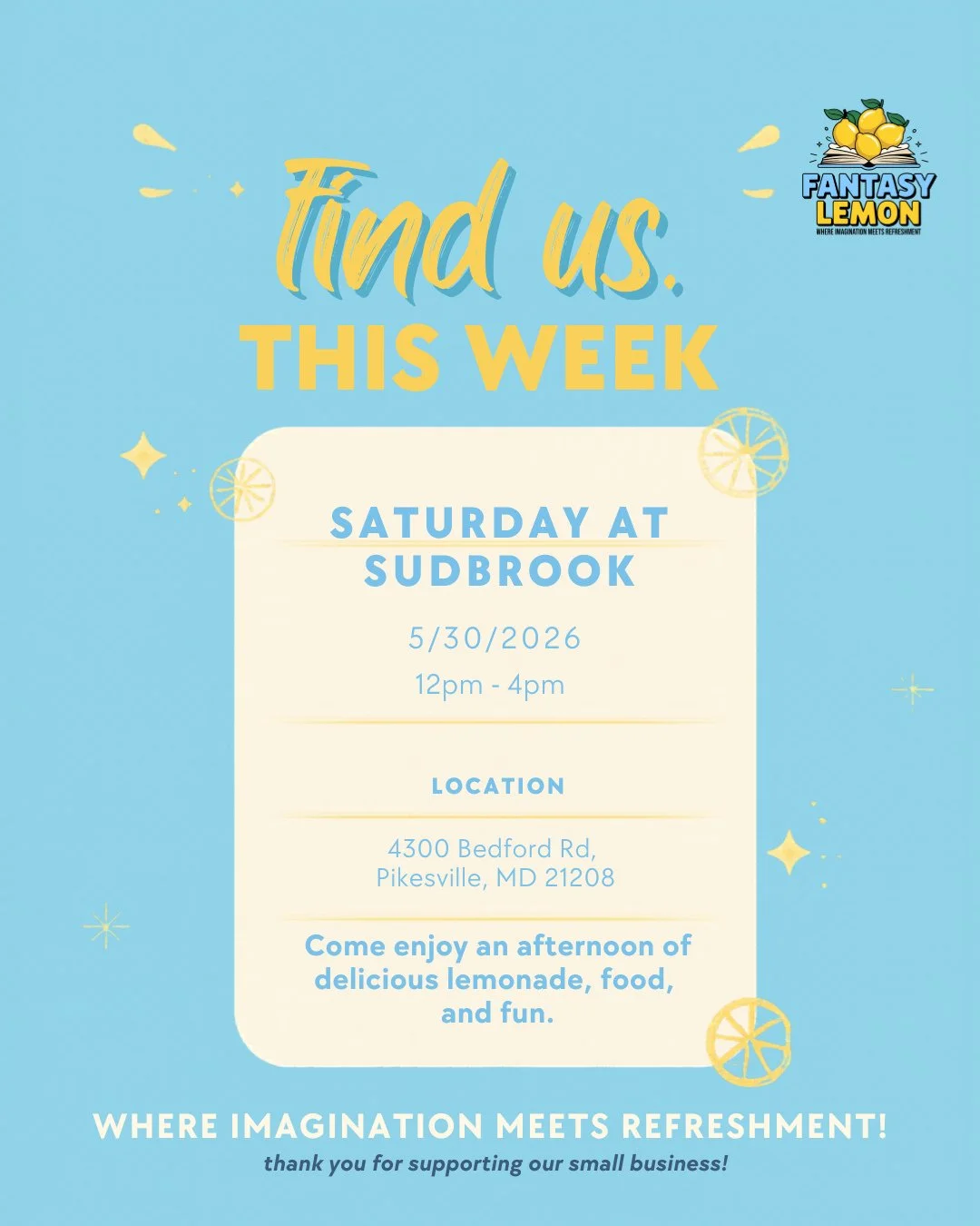 🍋 THIS SATURDAY WE'RE PULLING UP TO SUDROOK MIDDLE! 🍋⁠
⁠
Come find us at Saturday@Sudrook and let's make some memories together! Whether you're a longtime fan or discovering us for the first time &mdash; we can't wait to meet you! ✨⁠
⁠
📍 Sudrook M