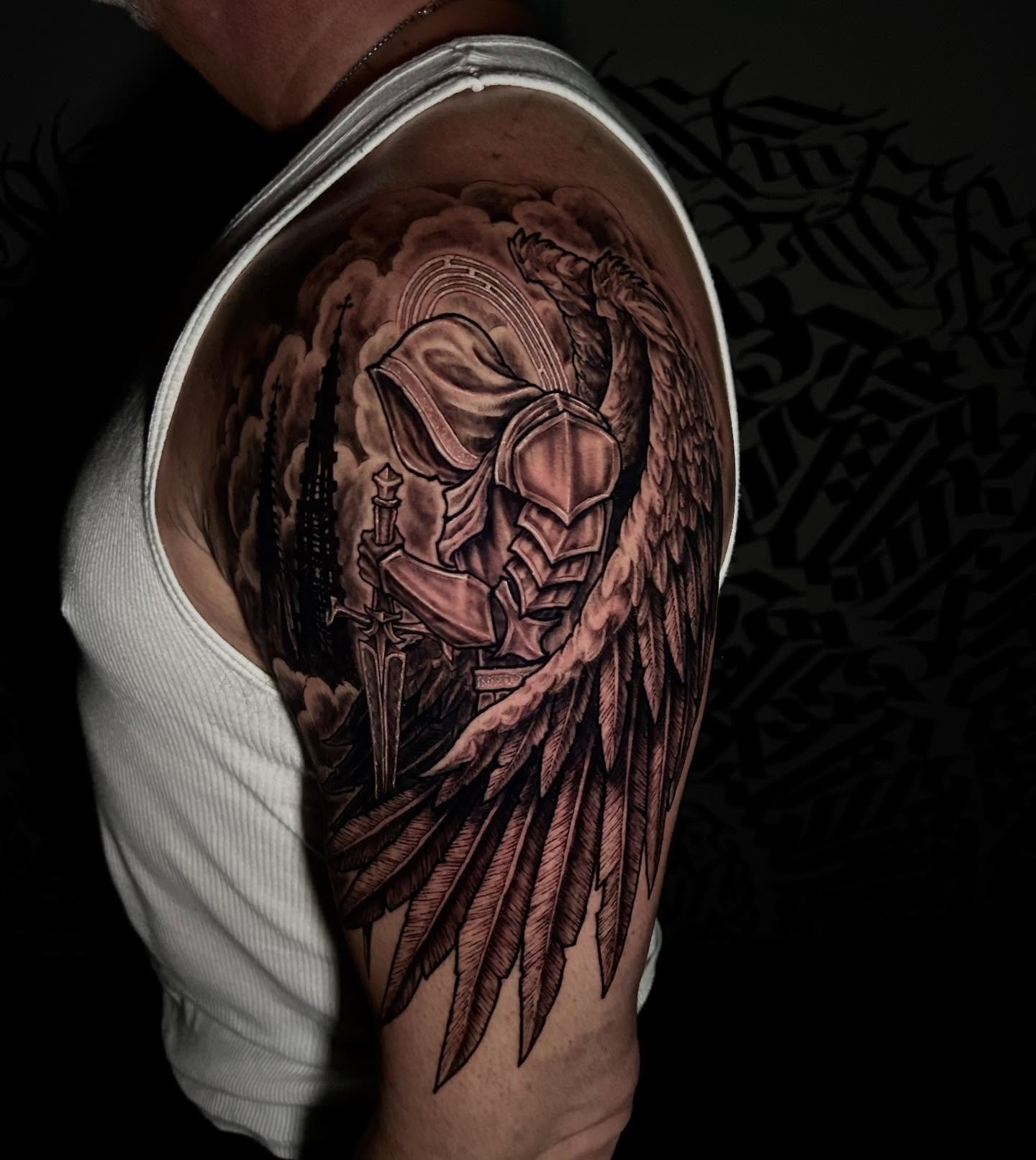 Guardian angel for the old man! 🙏 Thanks pops.
.
.
.
#blackandgrey#blackandgreytattoos#blackandgreytattoo#gothic#gothictattoo