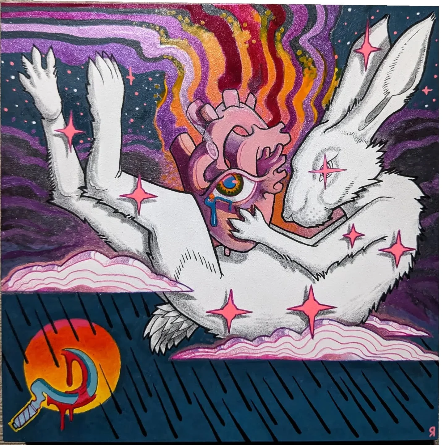 It's the Year of the (water) rabbit, time for "The Down the Rabbit hole" show at @valkariegallery, opening night is tonight, 5-9!
This is 'vaporwave lagomorph', it's mixed media; it's graphite, colored pencils, acrylic, ink, and gel pens on