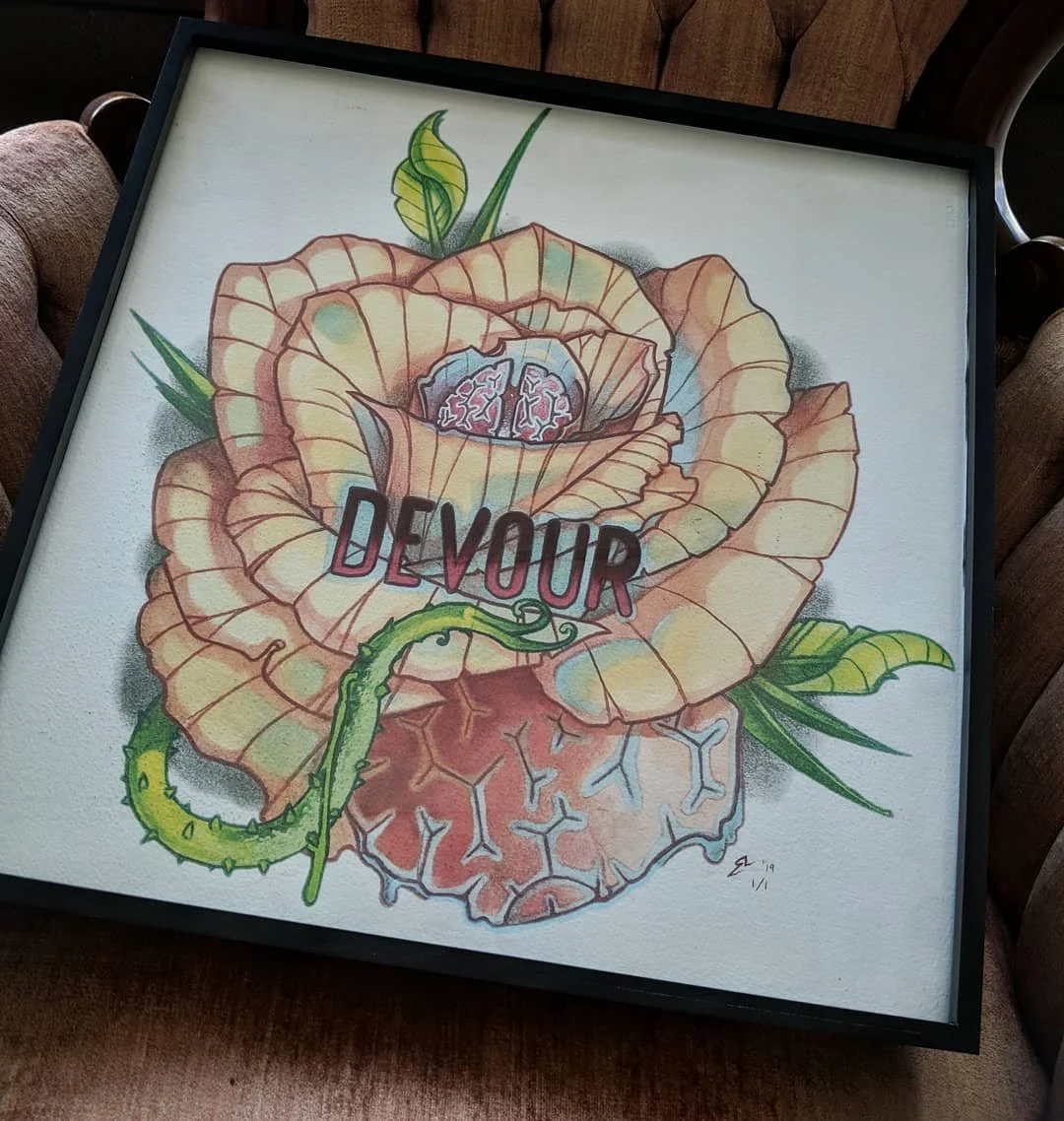 More 1/1 prints will be getting made here as I'll be working from home a tad more these days! Here is 'devour flower' I'm messing around with it more and hand detailing it further. **Available** 
#flowertattoo #lettering #typography #illustration #il