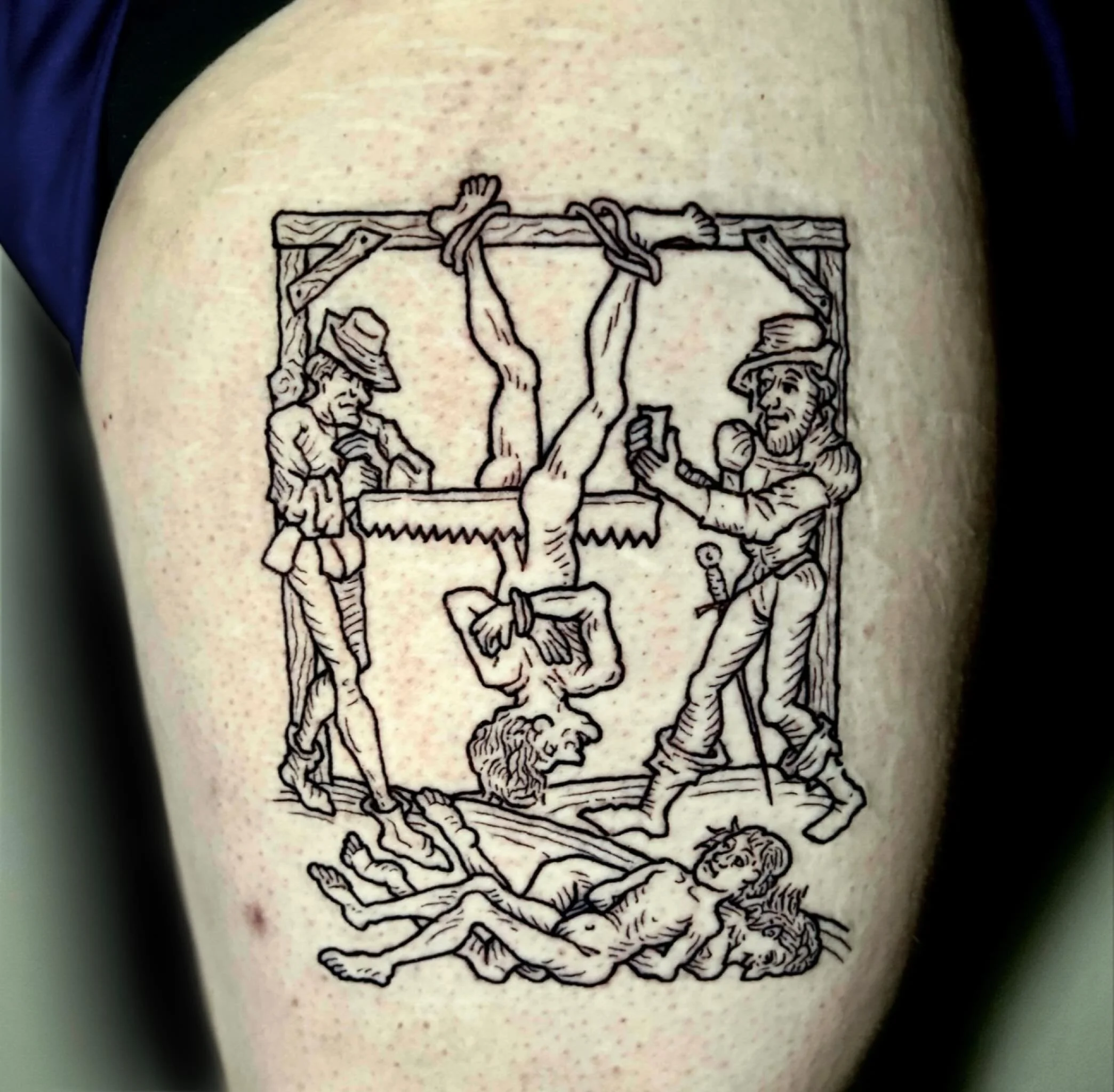 I love these medieval torture depictions, this one is from the 15th century. Definitely looking to do some more of these. If you&rsquo;re ever having a bad day, just try to remember you could be this guy. 🖤
.
.
.
#ouch#medieval#medievaltattoo#deathb