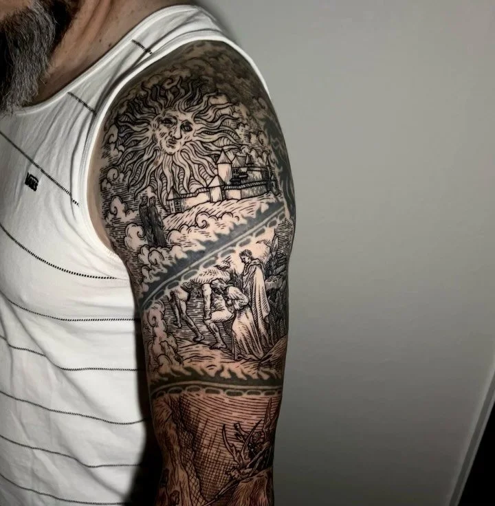 Finished up Leo&rsquo;s arm recently! These illustrations are inspired by the engravings done by Gustave Dore for the epic poem Paradise Lost by John Milton. They feature Hell, Purgatory and Paradise. This tattoo posed the unique challenge of filling