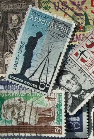 A collection of vintage and postage stamps, including a blue World War II stamp with a soldier, a 5-cent black and white stamp, and other colorful stamps featuring people and symbols.
