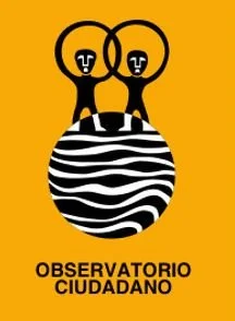 Logo of a citizen observatory featuring two black stick figures with glasses on top of an abstract black and white globe, with an orange background and the text 'Observatorio Ciudadano'.