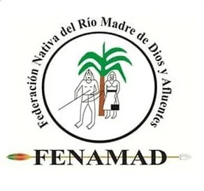 Logo of Fenamad featuring a stylized depiction of a man and woman under a green tree with the text 'Federación Nativa del Río Madre de Dios y Manu' around the circle.