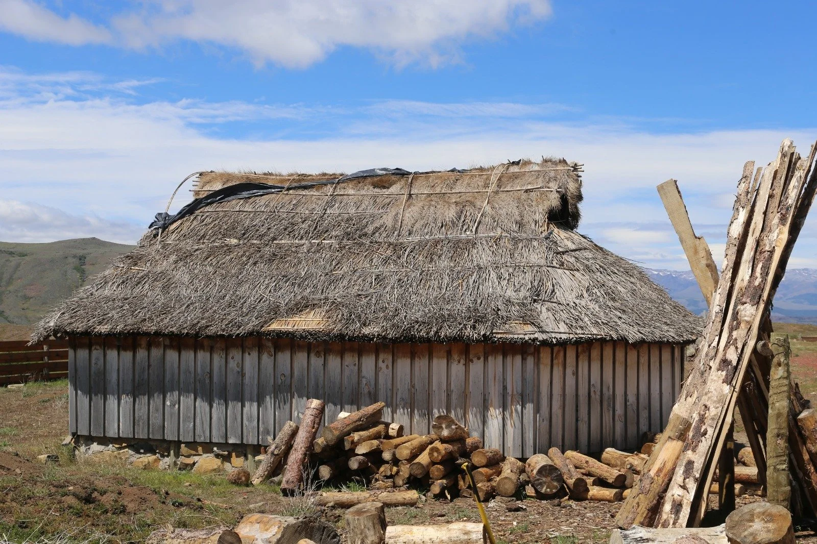 A rustic hut made of wood with a thatched roof, surrounded by chopped logs, set in a rural landscape in the Futa Mawiza Biocultural Territory spanning Argentina and Chile.