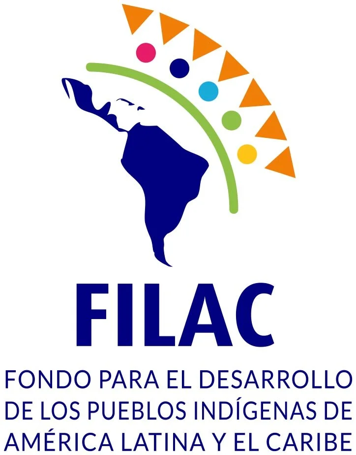 Logo of FILAC, featuring a stylized map of Latin America in dark blue with colorful circles and orange triangles above, and text in Spanish that reads "Fondo Para El Desarrollo de Los Pueblos Indígenas de América Latina y El Caribe."