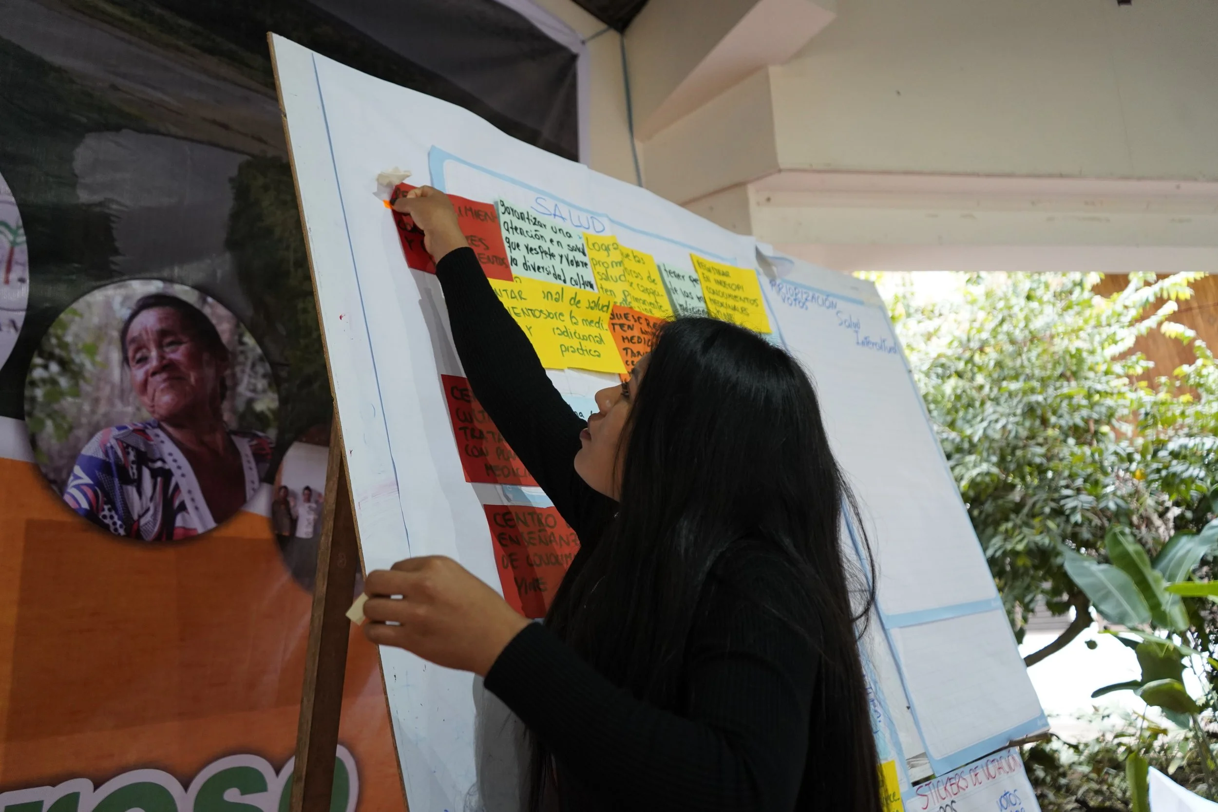 An Indigenous woman from the Southwest Amazon in Peru with long black hair posts yellow and red sticky notes on a large white board with handwritten text. She is indoors, with a poster showing a woman with a serious expression and trees visible.