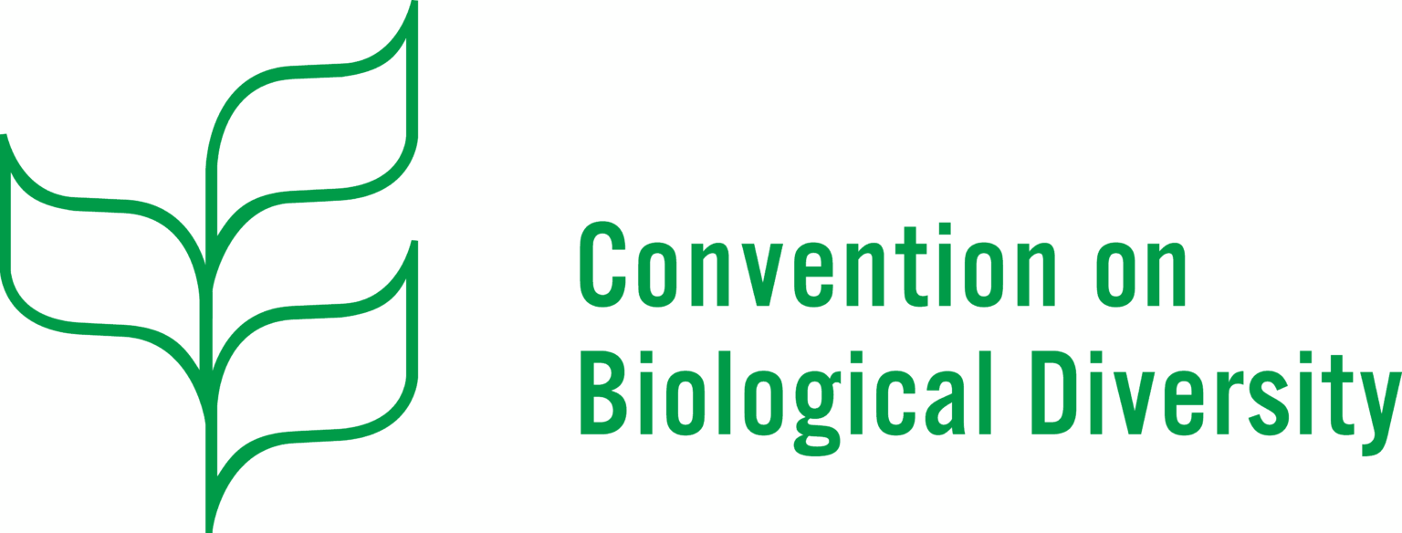 Green background with a stylized outline of a plant and the words "Convention on Biological Diversity".